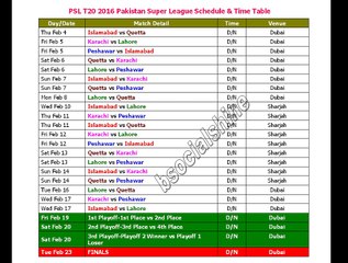 PSL T20 2016 Pakistan Super League Schedule & Time Table
