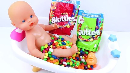 Baby Doll Bath Time In Skittles Candies Baby How to Bath a Baby Toy Videos