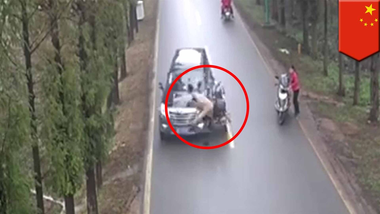 Man in China crashes motorcycle into oncoming vehicle and survives