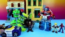 Transformers Rescue Bots Optimus Prime and Spider-Man Battle Imaginext Dinosaur Playskool