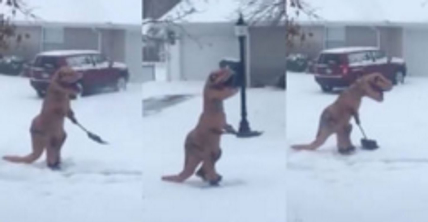 Hardworking T-Rex Tries To Shovel Snow With Its Short Arms