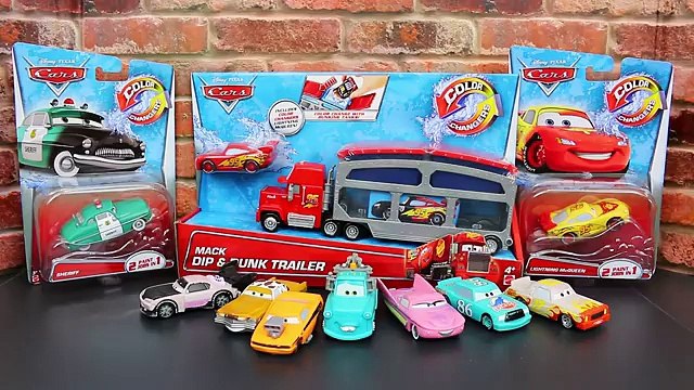 Disney Cars NEW 2015 Color Changers Lightning McQueen Sheriff +Mack Dip & Dunk Trailer Toy