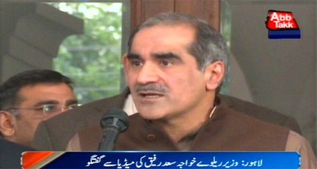 Railway Minister Khawaja Saad Rafiq talks to  media