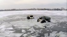 Amphibious Small Sherp Truck rides on frozen Lake in Russia