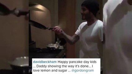 Exclu Vidéo : David Beckham : Il fait mieux sauter les crêpes que son fils Brooklyn !