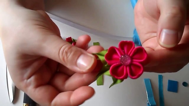 Голубая заколка Канзаши , Мастер класс канзаши для начинающих - Blue hairpin kanzashi