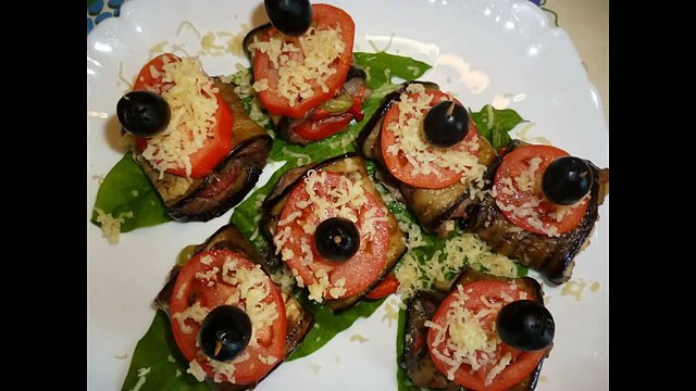 Блюда из баклажан.Рулетики из баклажан. Закуска из овощей и мяса. Красивое оформление