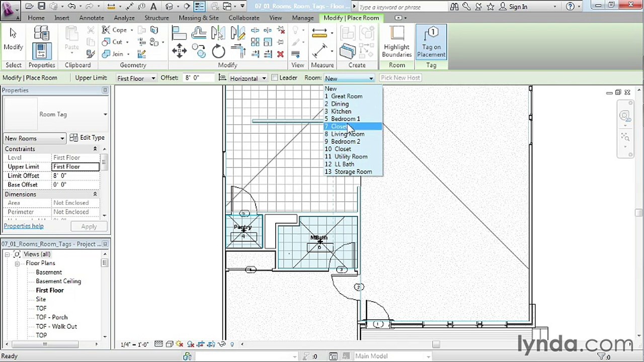 07 01. Adding rooms and room tags - House in Revit Architecture