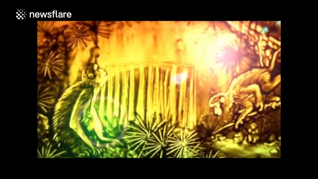 Amazing sand painting of the story of the Monkey King for Chinese New Year