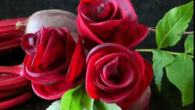 How to Make Red Rose Beet Flower _ Vegetable Carving Garnish _ Sushi Garnish _ Food Decoration