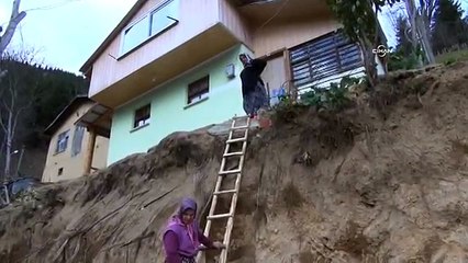 Rize'den bir ilginç ev hikayesi daha; Evine 7 metrelik iskele yardımı ile çıkıyor