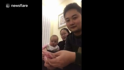 Baby can't stop laughing at dad counting money