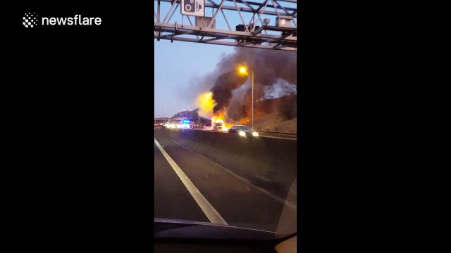 Lorry blazes on M62 motorway causing rush hour closures
