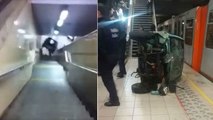 Une voiture poussée dans les escaliers d'un métro