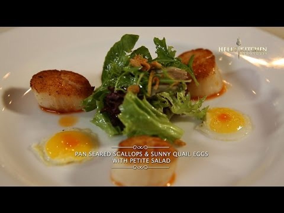 Hell's Kitchen at Home #1 - Pan Seared Scallops & Sunny Quail Eggs with Petite Salad by Chef Juna
