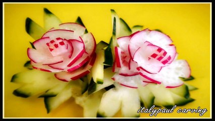 Radish Flower _ Cucumber Leaf - Art In Radish Show - Vegetable Carving Rose Tutorial