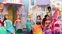 BARBIE CRASHES PARTY DisneyCarToys at Frozen Elsa and Annas Castle with Jasmine and Merida