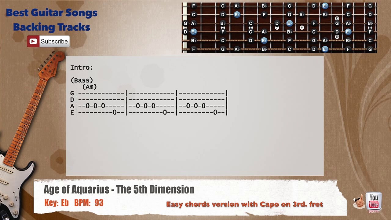Age of Aquarius - The 5th Dimension Guitar Backing Track with scale, chords and lyrics