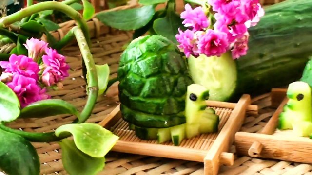 How to Make a Cucumber Art Garnish - Vegetable Carving - Cucumber Turtles - Food Decoration