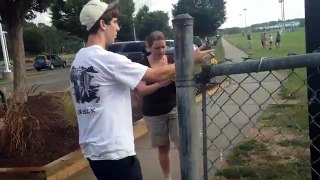Crazy angry mom fights Skaters!