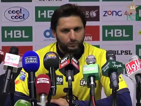 HBL PSL Post-Match Press Confrence Shahid Afridi of Peshawar Zalmi at at Sharjah Cricket Association Stadium