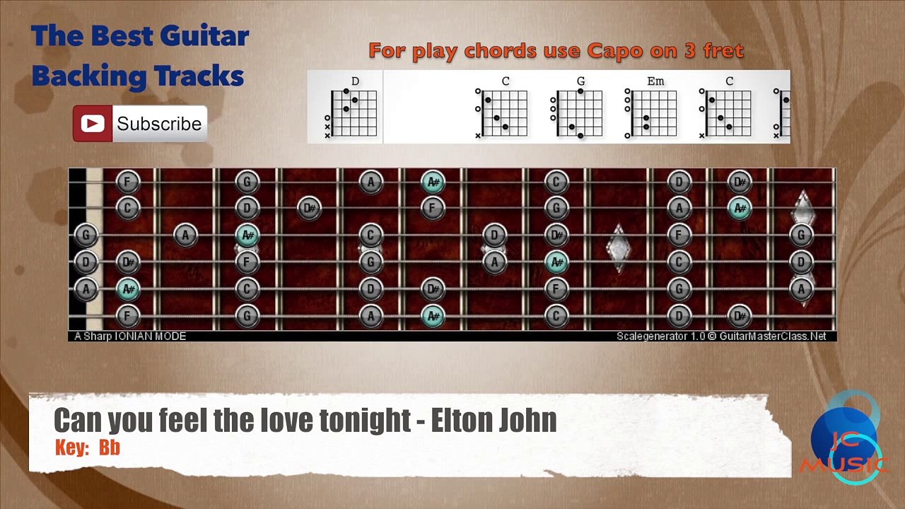 Can You Feel The Love Tonight - Elton John Guitar Backing Track with scale chart and chords