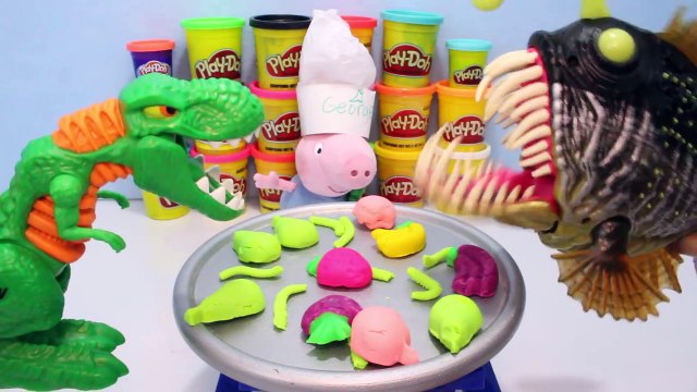 DINOSAURS + SHARKS Eat PLAY DOH FOOD Video at Peppa Pigs Restaurant Toypals.tv