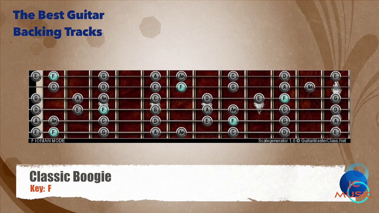 Classic Boogie F Guitar Backing Track with scale map _ Chart