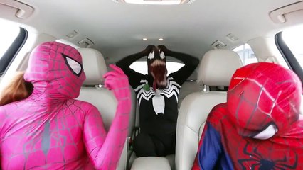 Pink Spidergirl & Spiderman & Venom Dancing in the Car! Superheroes Funny Movie in Real Life!