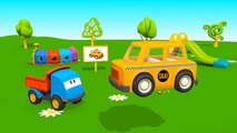 Kids 3d Construction Cartoons: LEO the Trucks TAXI CAB SURPRISE EGG Unboxing! Hide & See