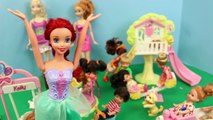 Frozen Elsa DOG ATTACK at Barbie Playground Park with Frozen Kids Ariel Mermaid & Princess Anna