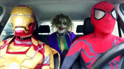 The Amazing Spiderman & Iron Man & Joker Dancing in a Car in Real Life! Superhero Fun Movie!