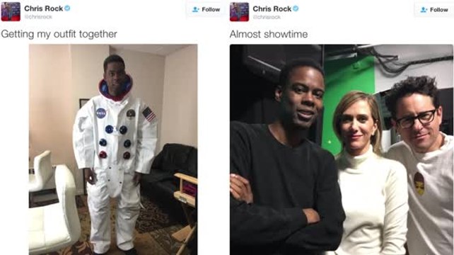 Chris Rock Teases Oscars With Space Suit, J.J. Abrams, Kristen Wiig