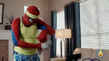 VENOM pranks Fat SPIDERMAN with Pizza as Spidey Exercises - Real Life Superhero Movie Fun Kids Video
