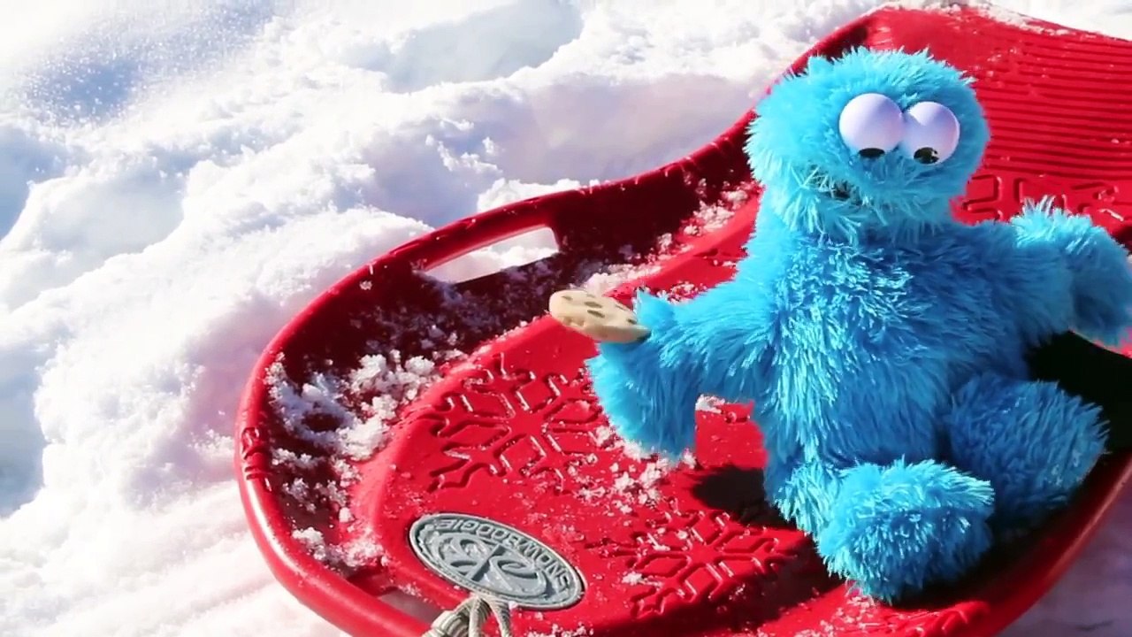Cookie Monster Driving a Sled Crashing Falling Cookie Monster Sledding Too Icy for Cozy Coupe