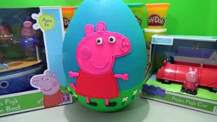 Giant Peppa Pig Play Doh Surprise Egg w/ Grandpa Pigs Bathtime Boat, Peppa Pigs Car & Toys Figures