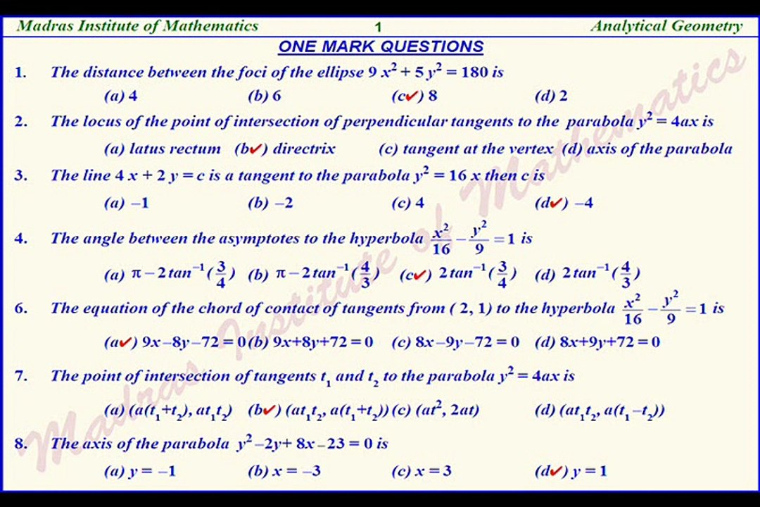 +2 ANALYTICAL GEOMETRY  ONE MARK QUESTIONS AND ANSWERS