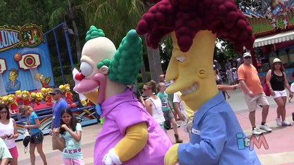 Sideshow Bob and Krusty the Clown meet guests at The Simpsons Ride in Universal Orlando