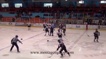 Hockey Players fight during Game while an other plays Air Guitar!