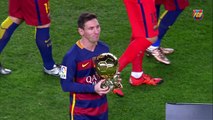 Messi offers the Ballon dOr to the FC Barcelona supporters at Camp Nou