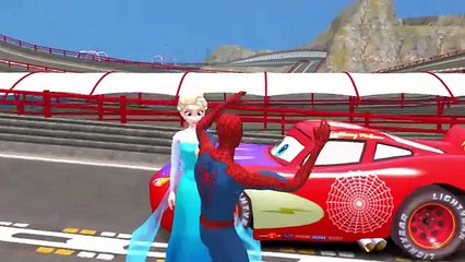 Spiderman Meets Frozen Elsa Queen of Arendelle & Driving Lightning McQueen Disney Cars
