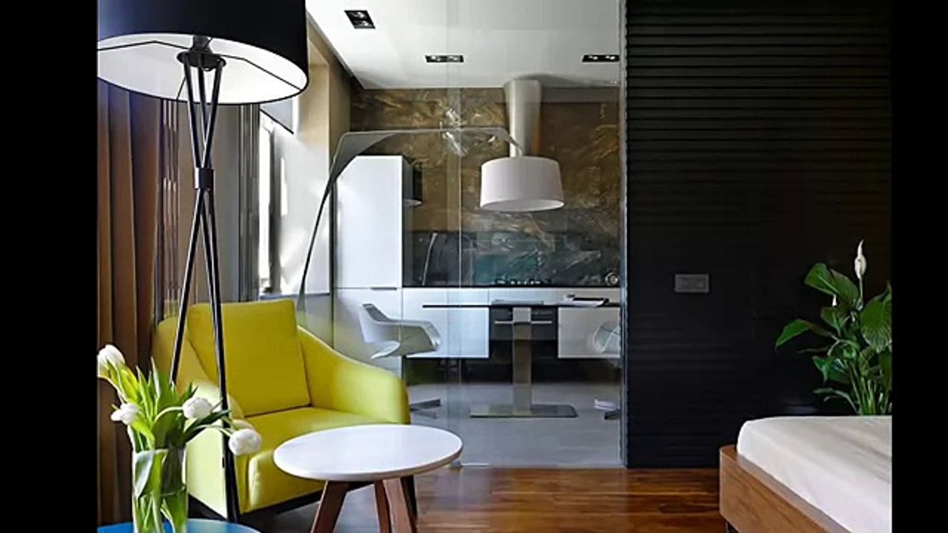 ⁣Дизайн квартиры студии 34 кв. м. Спальной комнаты, кухни и дизайн интерьера