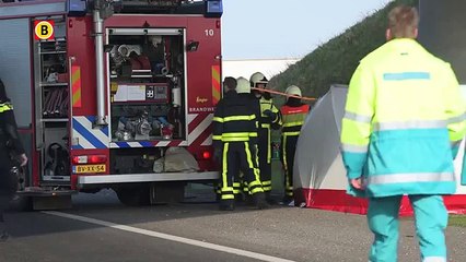 Auto botst op pijler viaduct aan A58 en vliegt in brand, één dode (720p Full HD)