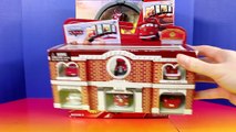 Disney Pixar Cars Mini Adventures Race N Rescue Station With Mater Doc Hudson Flo Red Fire Truck