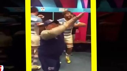 Maradona celebrates victory at Argentina rugby Team dressing room. RWC2015