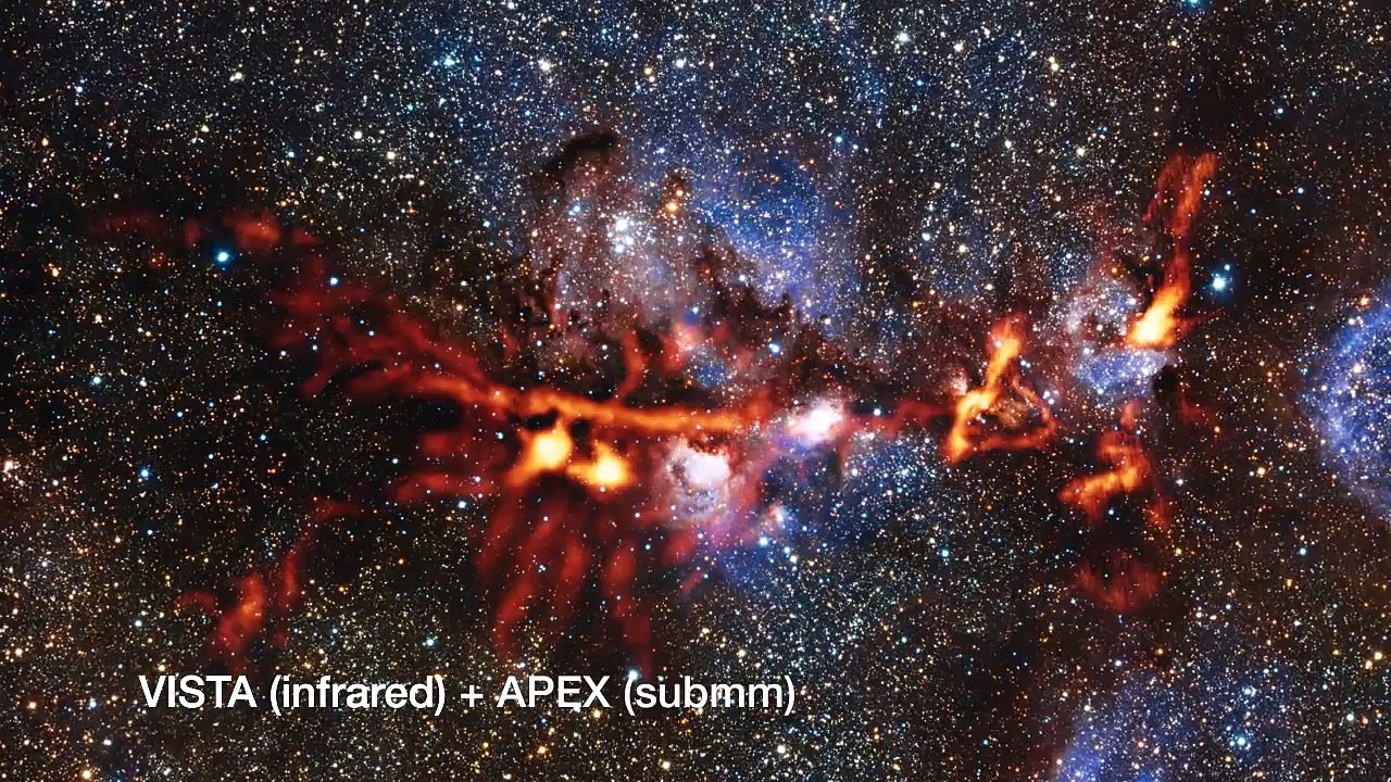 Cross-fading between infrared VISTA and submillimetre ArTeMiS views of NGC 6334