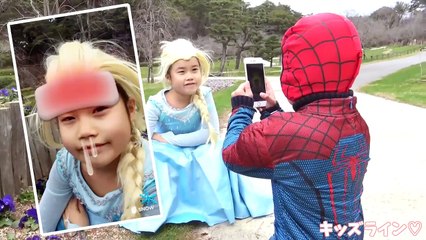 Spiderman VS Frozen Elsa SNOW APP Photography スパイダーマン VS エルサ SNOW アプリで写真撮影