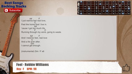 Feel - Robbie Williams Guitar Backing Track with scale, chords and lyrics