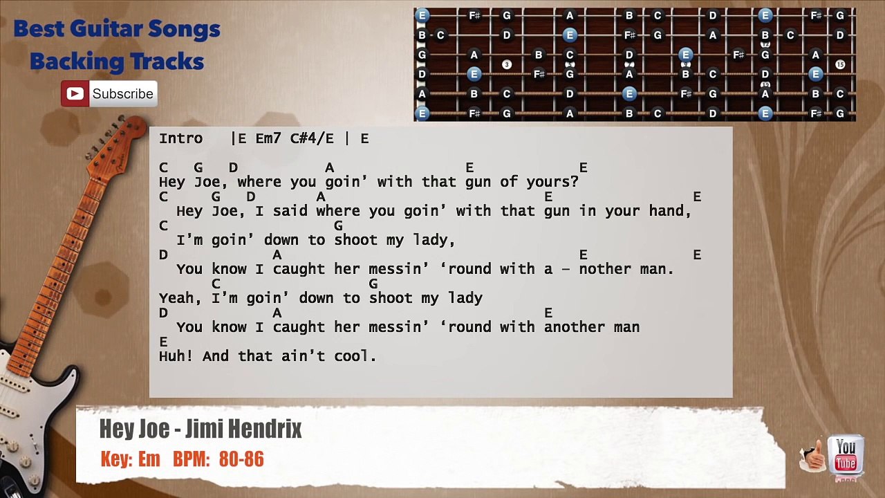Hey Joe - Jimi Hendrix Guitar Backing Track with scale, chords and lyrics