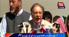 Federal Information minister Pervaiz Rasheed talks to media